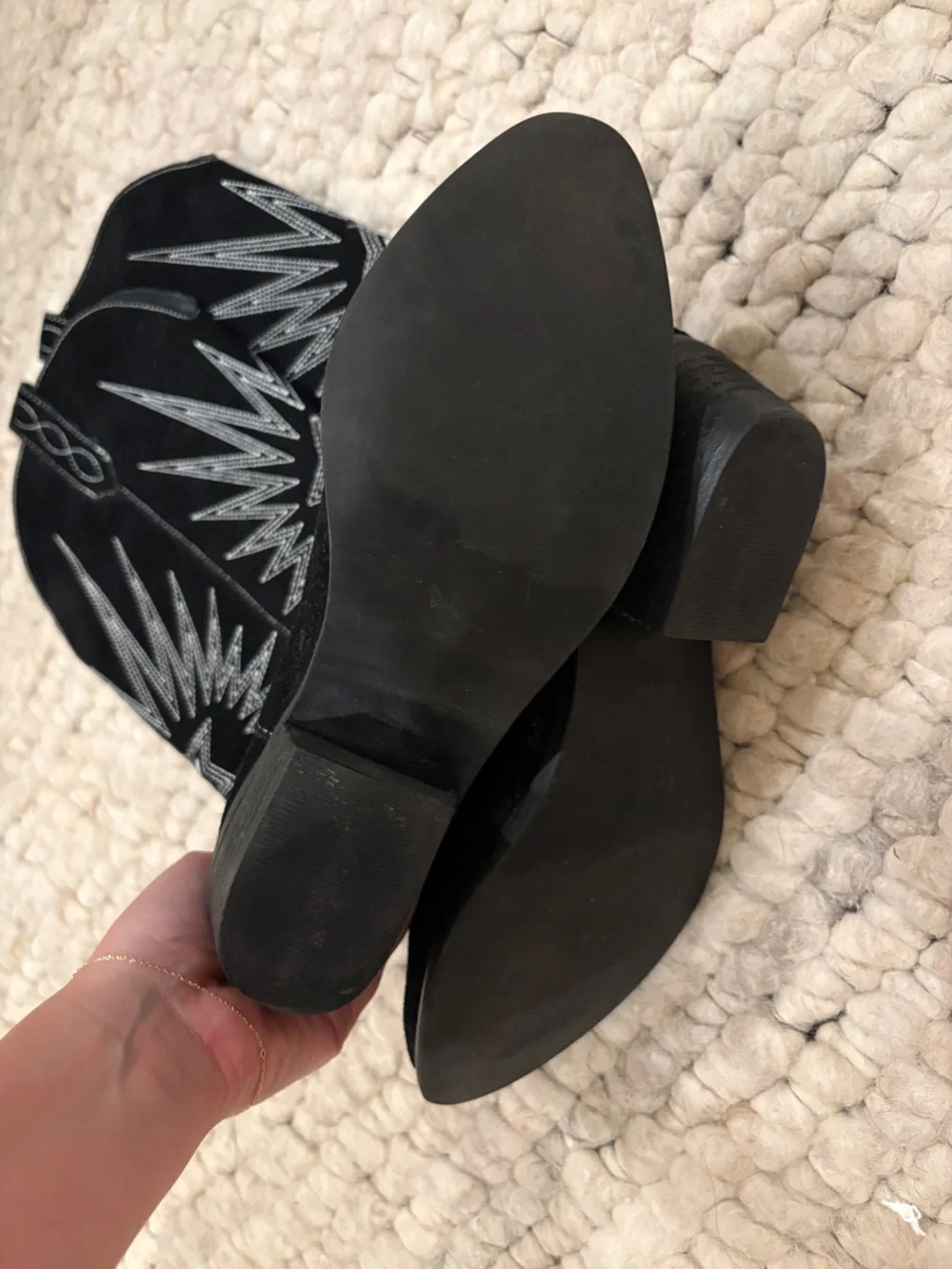 Dingo black suede cowboy boots with white embroidered starburst design